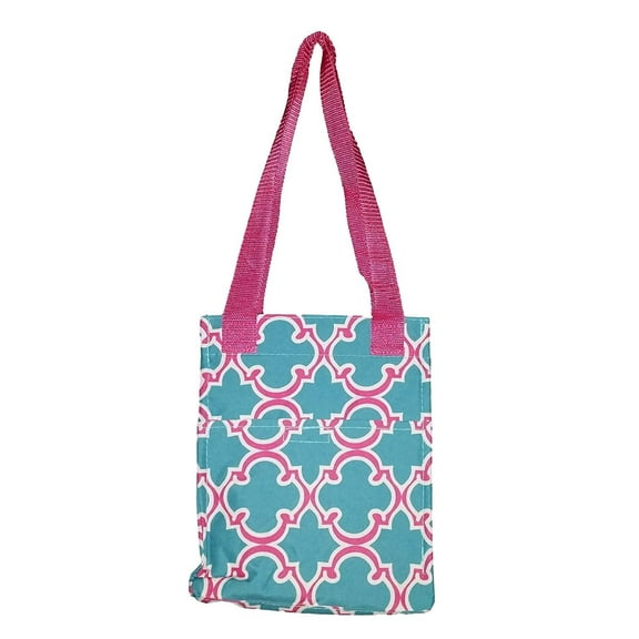 High Fashion Print Insulated Water Resistant Lunch Bag Cooler Tote (Blue with Pink Quatrefoil)