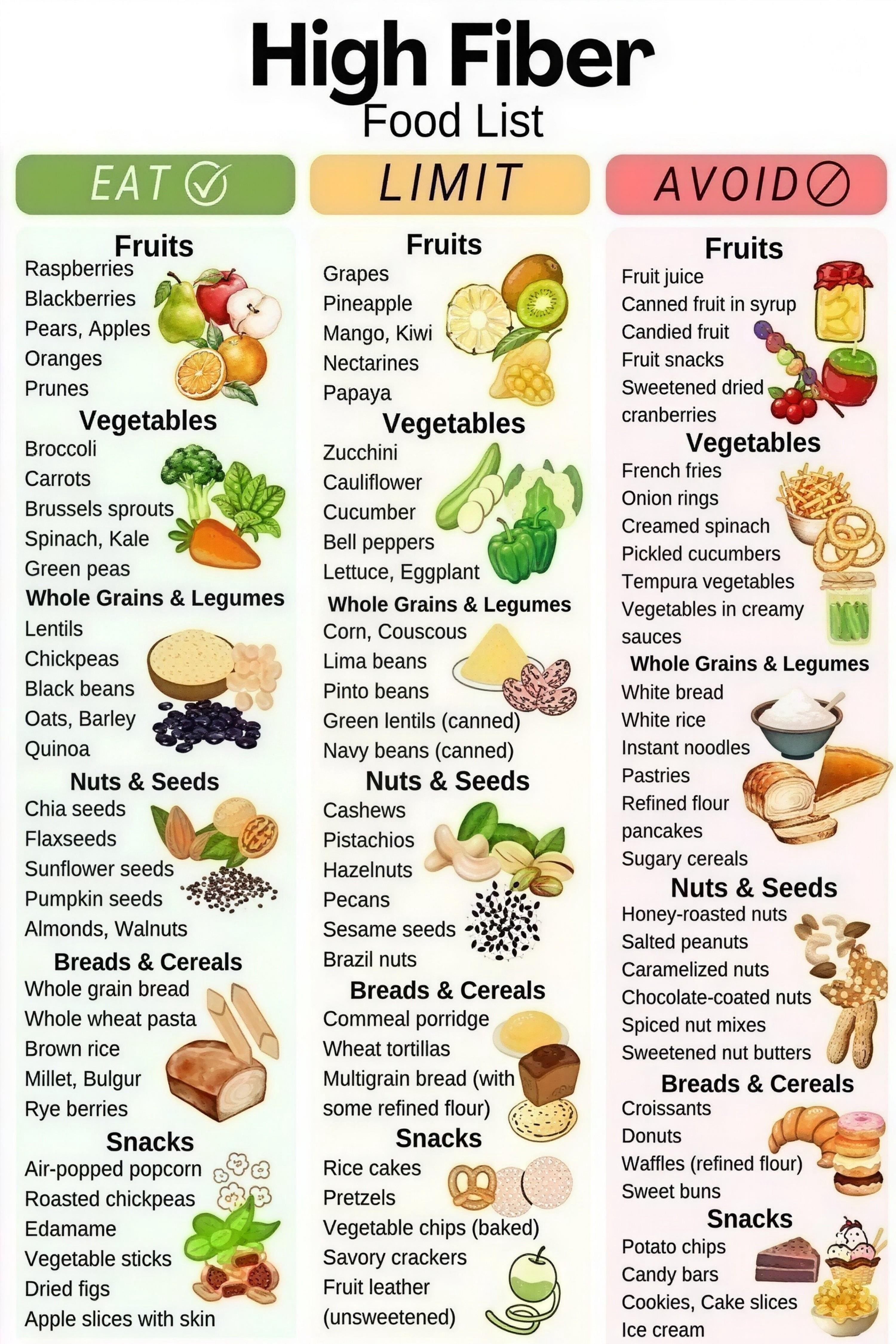 High Fiber Food List Illustrated Chart for Kitchen Wall Display poster ...