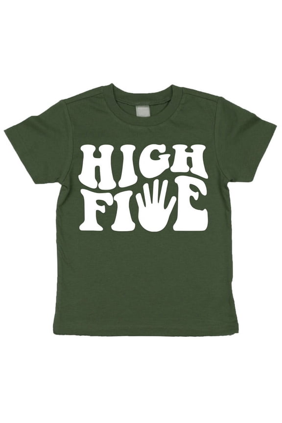 High Five 5th Birthday Groovy Birthday Shirt for Toddler & Youth Boys & Girls White on Military Green Shirt 5-6