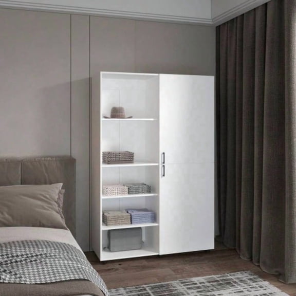 High Freestanding 2 Door Armoire with Hanging Rod Interior Shelves, White, Compact Bedroom Storage Wardrobe