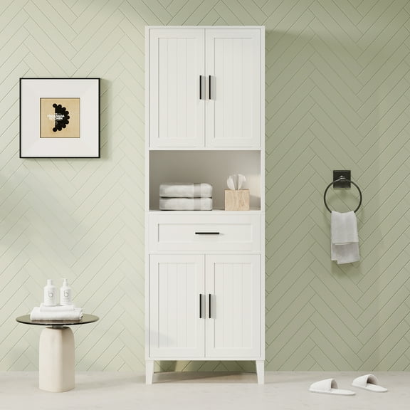 High Freestanding Tall Bathroom Cabinet with a Drawer, 2 Cabinets, 4 Soft-Close Doors, 2 Adjustable Shelves, Open Storage for Bathroom Living Room Laundry Room