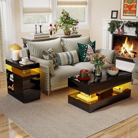 High-Gloss 2-Piece Living Room Table Set: Modern Coffee Table with Storage & Sofa End Table with Charging Station and LED Lights