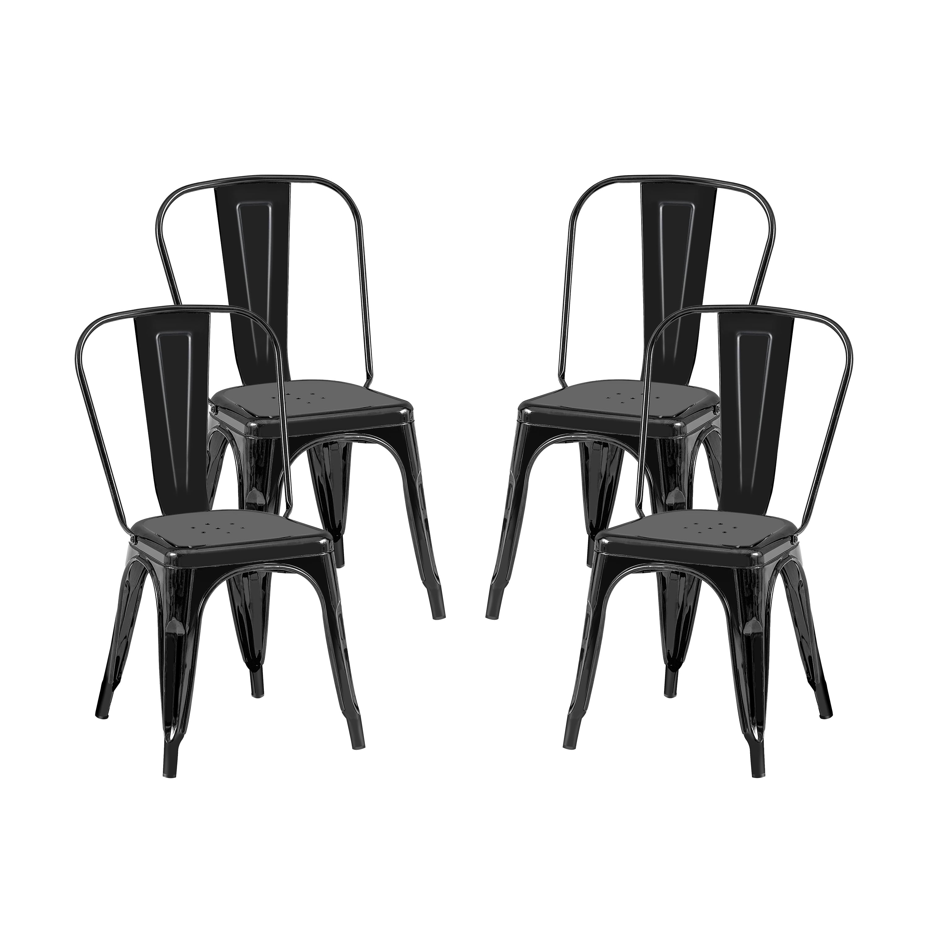 High Gloss Black Industrial Metal Dining Chairs 18 Inch Seat Height Stackable, Set of 4