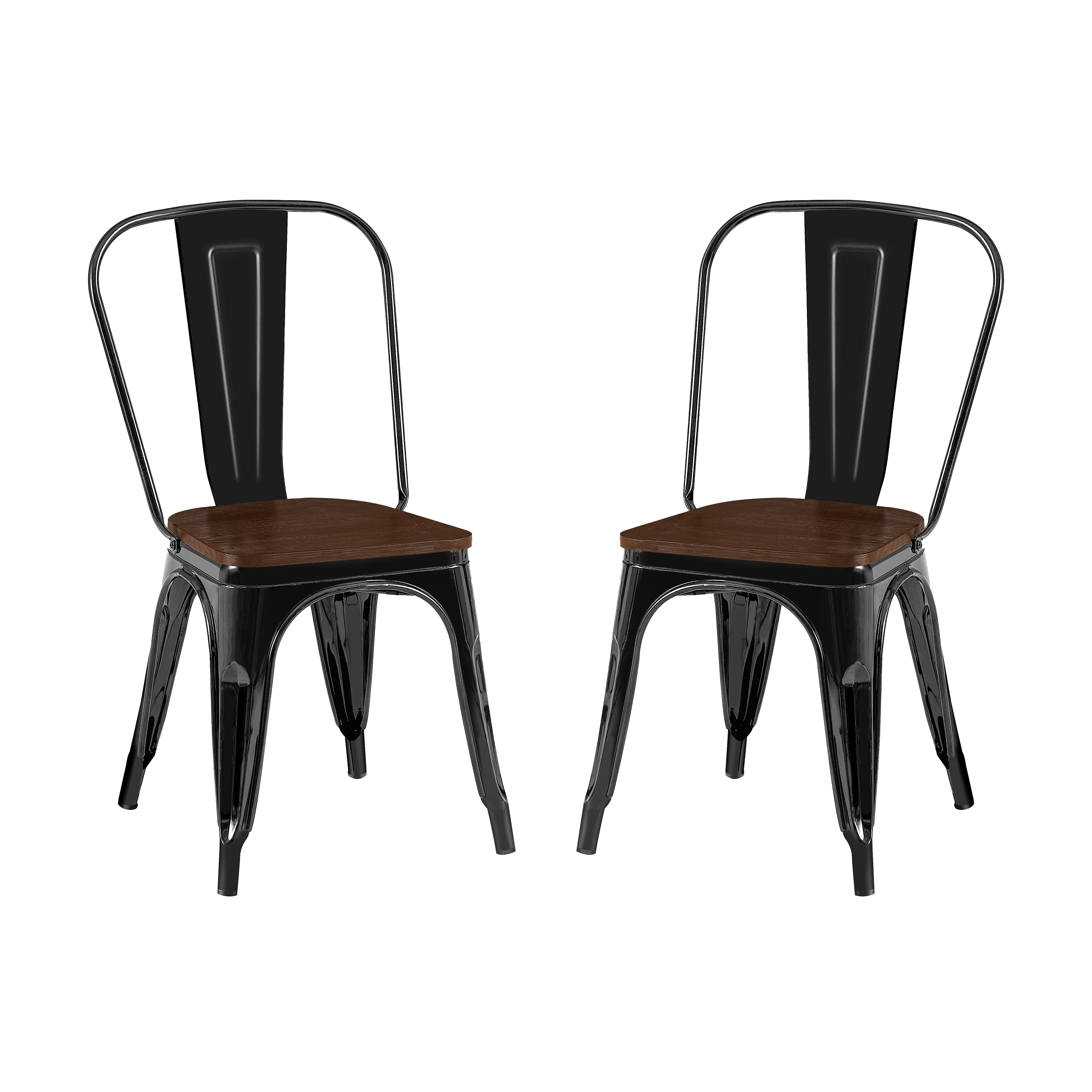 High Gloss Black with Walnut Wooden Seat Industrial Metal Dining Chairs 18 Inch Seat Height Stackable, Set of 2