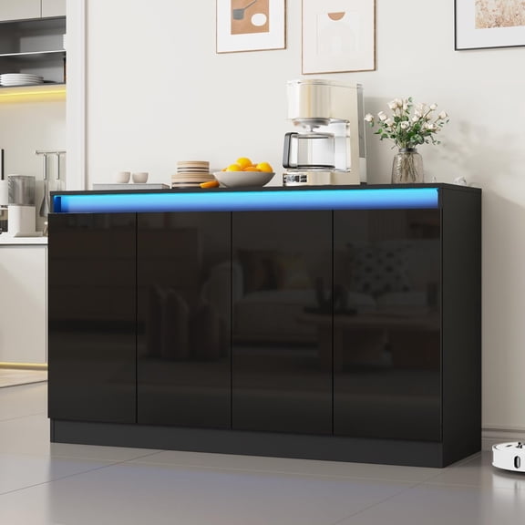 High Gloss Buffet Cabinet with 4 Doors, 51" W Dorr Sideboard Coffee Bar with LED Lights & Charging Station, Handless Modern Sideboard Storage Cabinet for Living Room, Entryway, Black