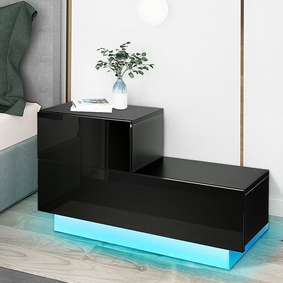 High Gloss End Table Nightstand with 2 Drawers, RGB LED Light, Bedside Table, Home Furniture