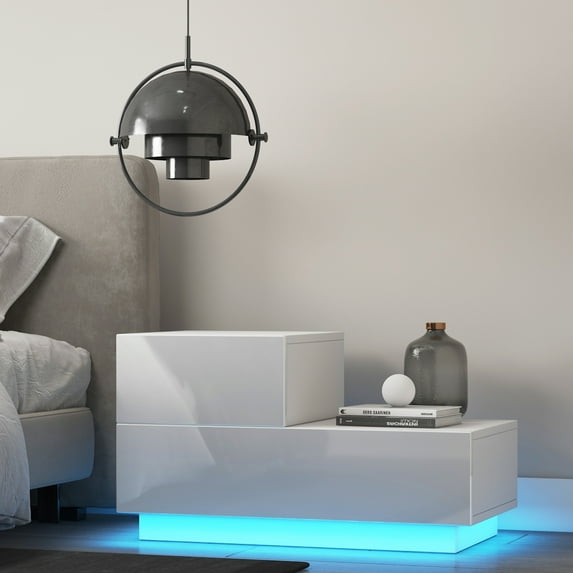 High Gloss End Table Nightstand with 2 Drawers, RGB LED Light, Bedside Table, Home Furniture