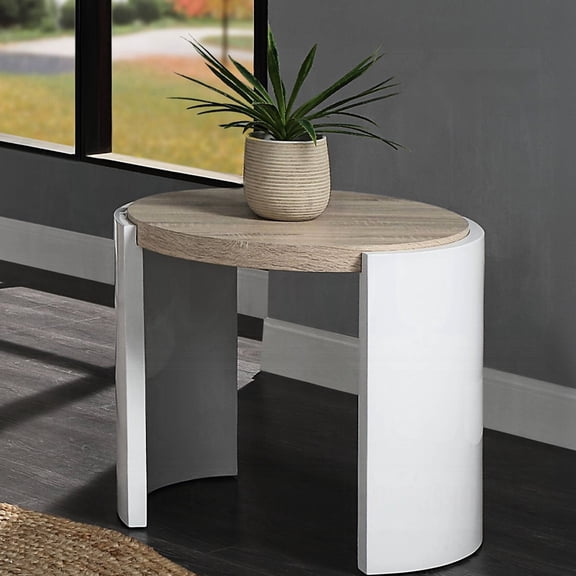 High Gloss End Table With Sled Base And Oak - Living Room Transformation 22" White Sophistication