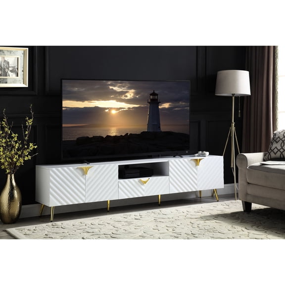 High Gloss Finish, 2/3 Extension Drawer - KD TV Stand for Convenient Use