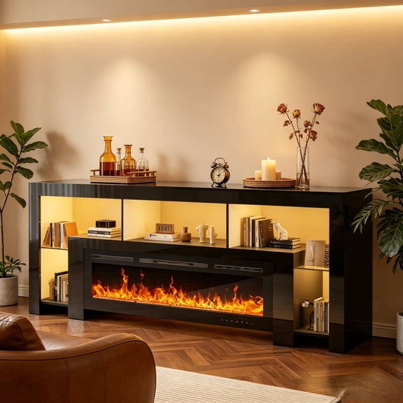 High-Gloss Fireplace TV Stand with Fireplace, Fits a 100" TV with 50" Built-In Electric Fireplace and LED Lights, Black