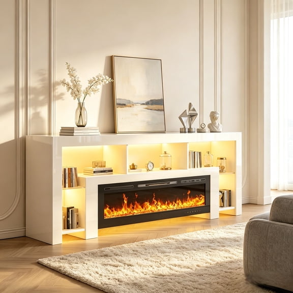 High-Gloss Fireplace TV Stand with Fireplace, Fits a 100" TV with 50" Built-In Electric Fireplace and LED Lights, White