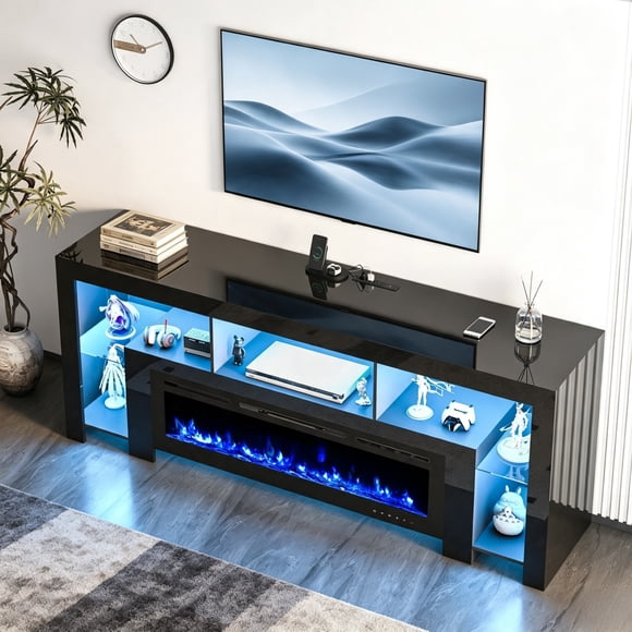 High Gloss Fireplace TV Stand for 100 Inch TVs, with 50" Electric Fireplace, LED Lights, TV Console Table, Black