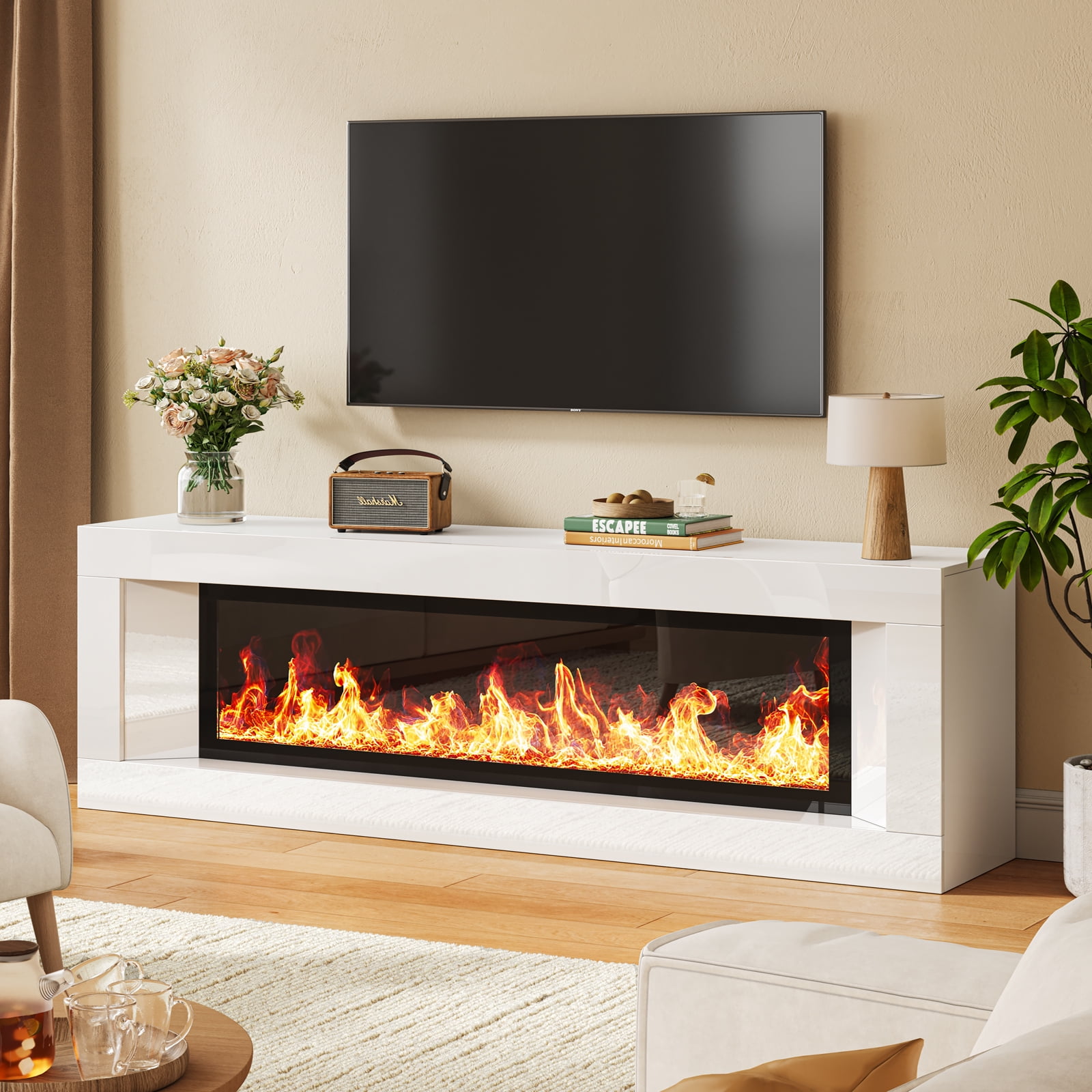 High Gloss Fireplace TV Stand with Electric Fireplace, 63" Entertainment Center with Fireplace
