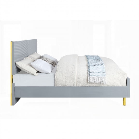 Gaines Gray Bed in High Gloss Finish, KD Structure & Wave Design with Metal Legs