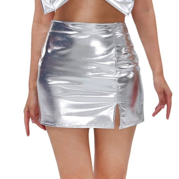 High Gloss Leather Bodycon Mini Skirt Side Slit Party Clubwear Stretch Fit Zipper A Line Design