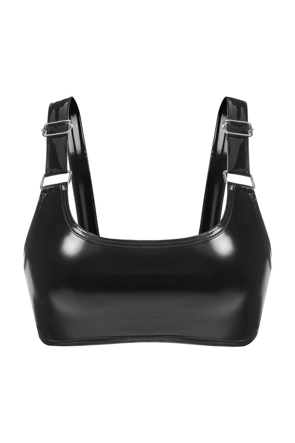 High Gloss Leather Sexy Neck Bra Leather Bra Adjustable Strap Underwear