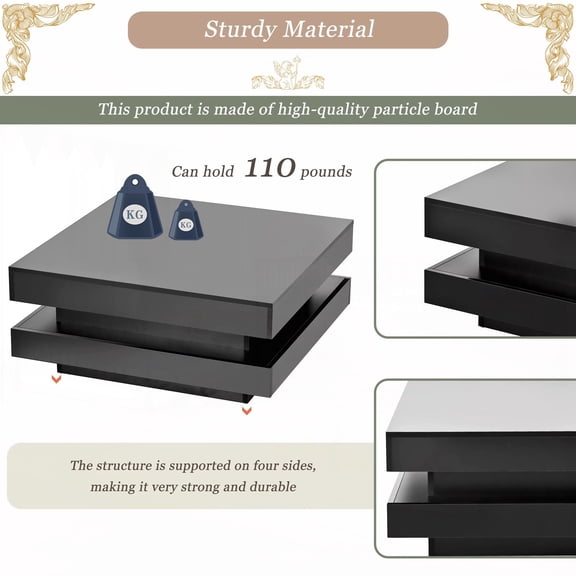 High Gloss Minimalist Design Coffee Table with LED Lights, 31.5''x31.5''x14.2'',Black