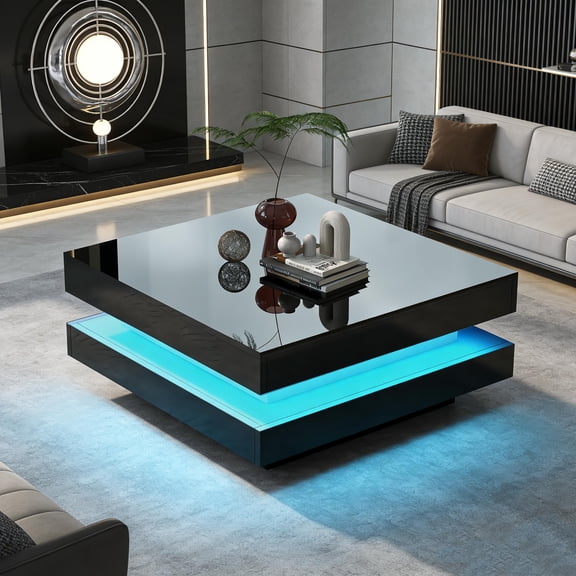 High Gloss Minimalist Design with LED Lights, 2-Tier Square Coffee Table, Center Table for Living Room, 31.5" x 31.5" x 14.2", Black Finish