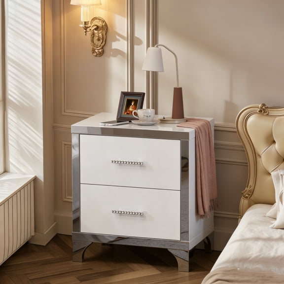 High Gloss Mirrored 2-Drawer Nightstand with Metal Handles | Modern Bedside End Table for Bedroom, Dorm, Living Room, Apartment