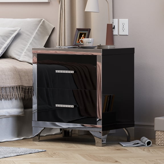 High Gloss Mirrored Nightstand with 2 Drawers,Modern End Table with Drawers,Mirrored High Gloss Wood Nightstand Metal Handle Bedside End Table for Bedroom, Dorm,Living Room,White