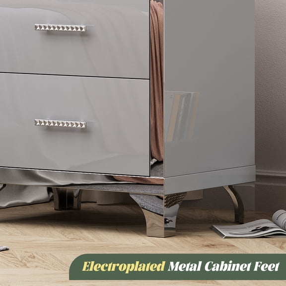 High Gloss Mirrored Nightstand with 2 Drawers,Modern End Table with Drawers