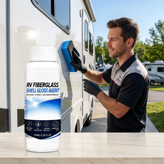 High Gloss RV Fiberglass Polish, 3.38 Fl Oz With Applicator Sponge And Detail Brush, Restores Shine On Motorhome Camper And Boat Exterior, Gloss Finish