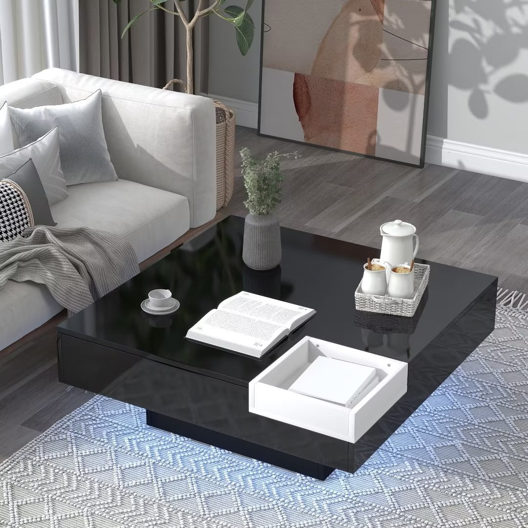 High Gloss Square Coffee Table with Detachable Tray and Plug-in 16 ...