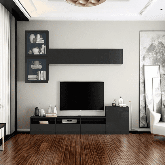 High Gloss TV Stand, Media Console for TVs Up to 75", Versatile Entertainment Center with Wall Mounted Floating Storage Cabinets, Modern TV Console Table Furniture for Living Room