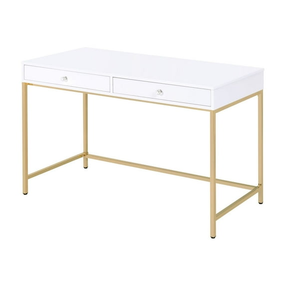 High Gloss White & Gold Desk+2 Functional Drawers"-"Business Office ...