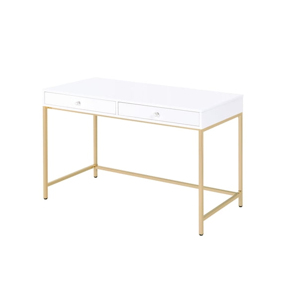 High Gloss White Study Desk With Practical Storage And Gold Elegant Writing