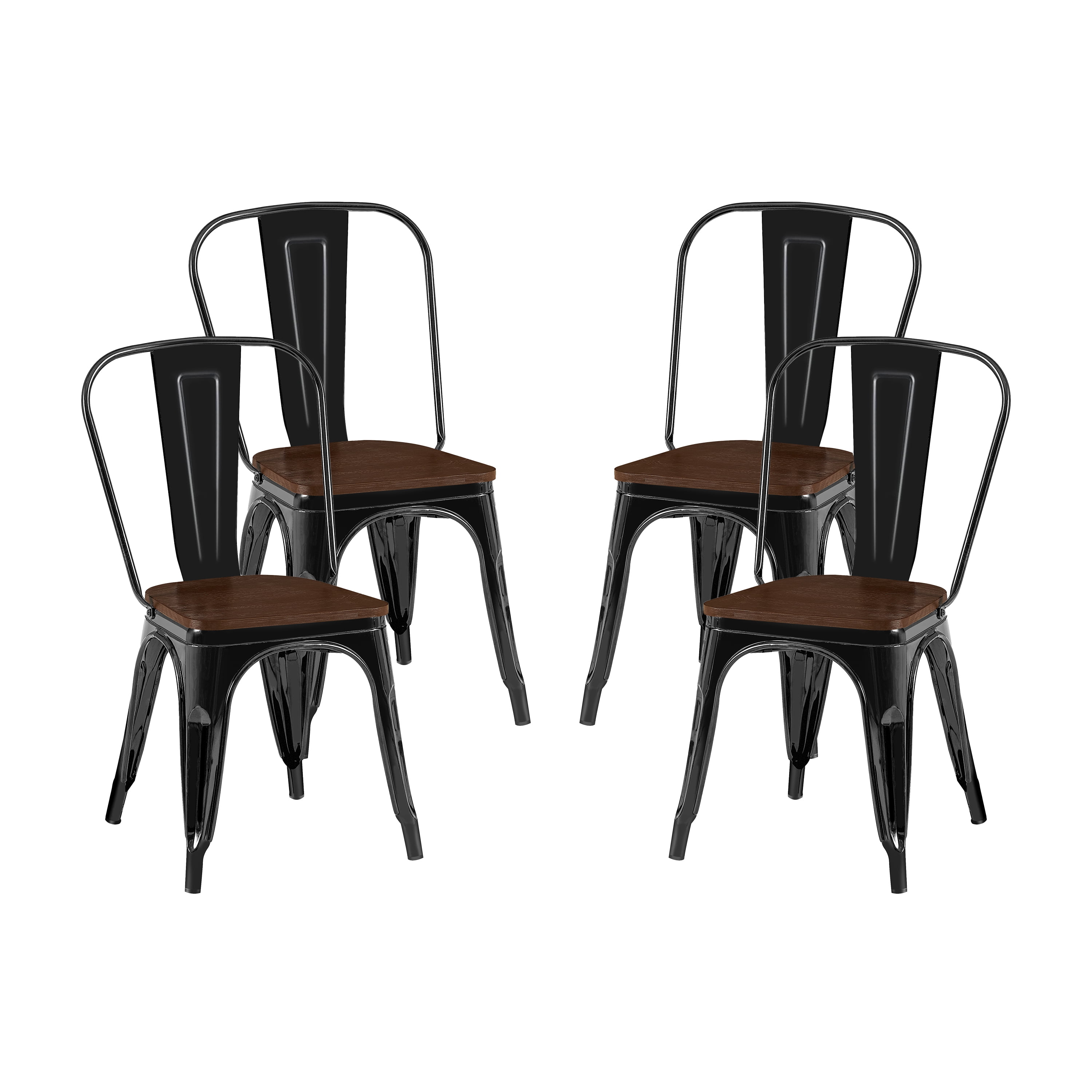 High Gloss White with Walnut Wooden Seat Industrial Metal Dining Chairs 18 Inch Seat Height Stackable, Set of 2