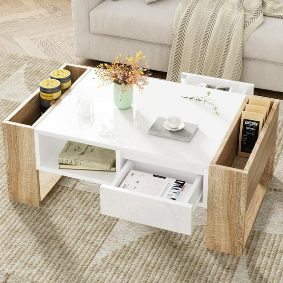 High Glossy Coffee Table with 2 Drawers, Practical Two Tone Center Table with Hidden Compartments, Rectangle Cocktail Table with Open Storage Shelf for Living Room, Bedroom, White, 41.3*23.6"19445