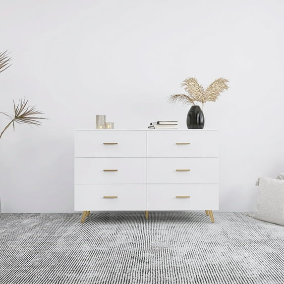 High Glossy Surface Chest of Drawer with 6 Drawers Golden Handle and Golden Steel Legs Vanity, White Color