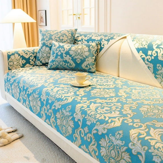 High-Grade Fabric Sofa Cover Cloth, Floral Sofa Cover, Anti Dirt Waterproof and Antiskid Slipcover for Living Room (BLUE,90X160)