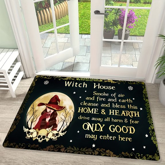 High-Grade Thick Flannel Witch Welcome Mat - Air Fire Earth Smoke Purifying Blessing Rug for Halloween Home Decor, Machine Washable