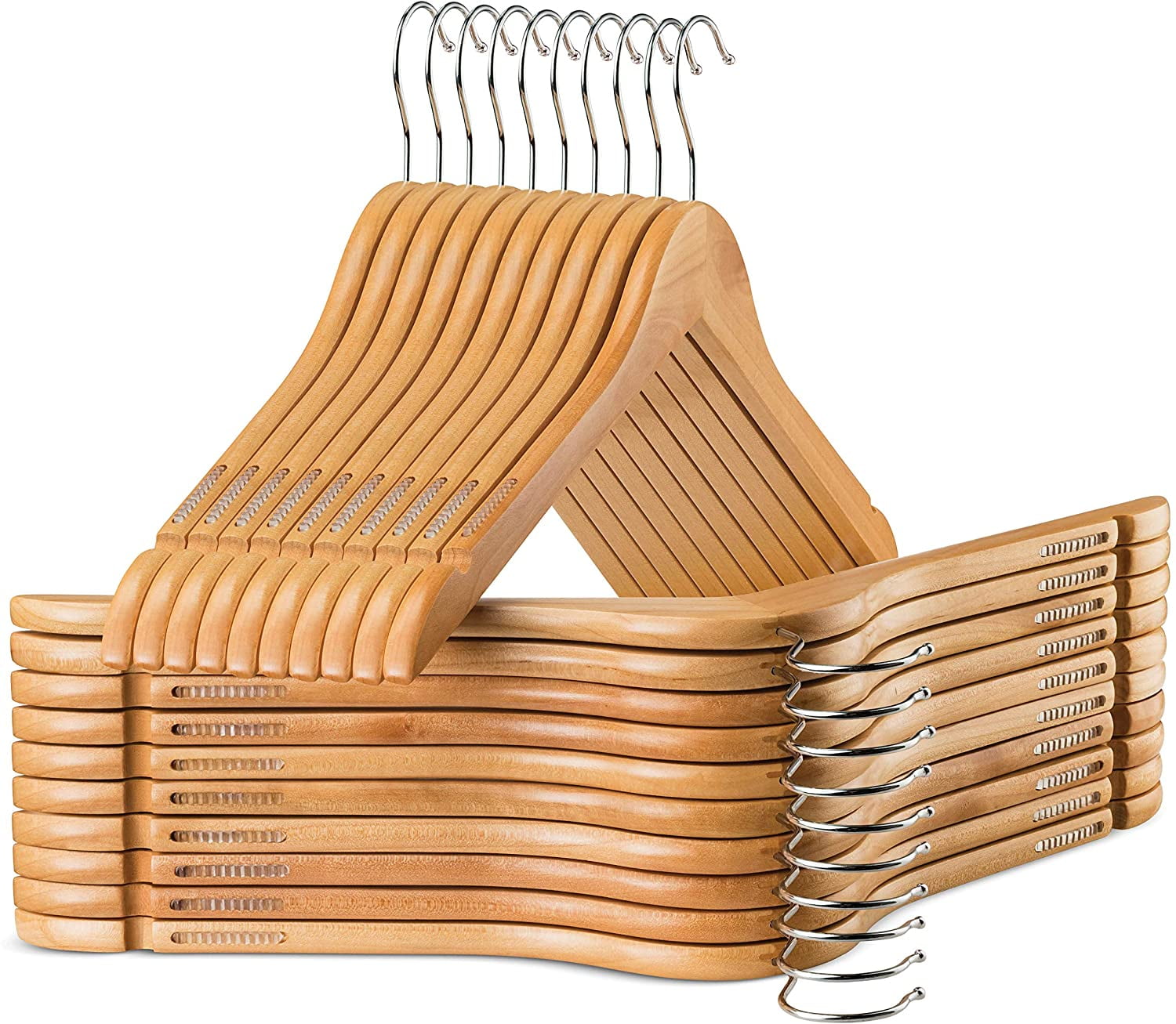 Zober High-Grade Wooden Shirt Hangers with Rubber Grips (10 Pack) Smooth & Durable Wood Hangers with Grips Non Slip - Slim & Sleek Space Saving