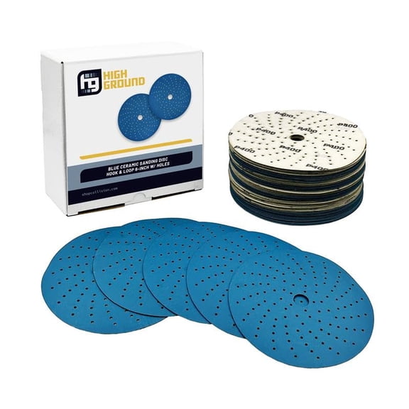 High Ground 6 Inch Multi-Hole Hook and Loop Clean Sanding Disc, Ceramic Abrasive, Dust-Free, High Performance, Long Lasting - 50pcs (Blue, 6 Inch, 400G)