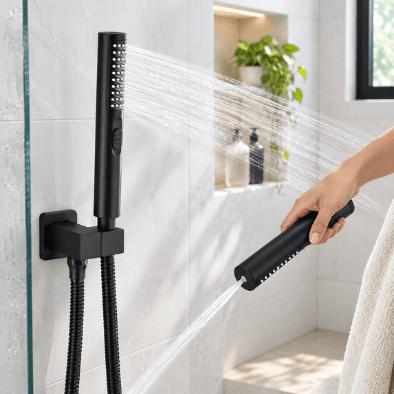 High Handheld Shower Head With Hose And Holder Matte Black Cylindrical ...
