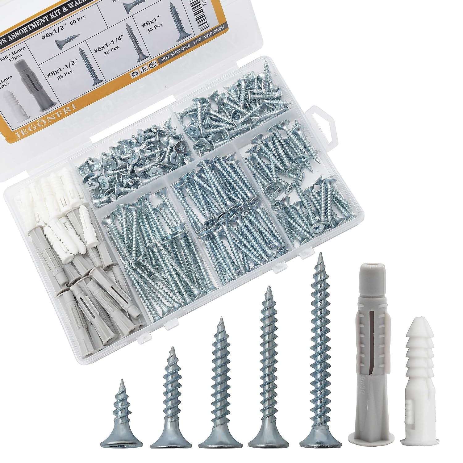 High Hardness Wood s Assortment Kit and Plastic Wall Anchors, 203 pcs 1/2" to 1-1/2" Phillips Drive Flat Head s & 30 pcs M6 Drywall Anchors