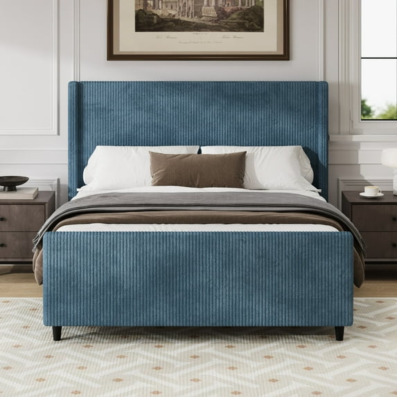 High Headboard Queen Size Corduroy Bed Frame with Vertical Stripe Wingback and High Footboard, Platform Bed with Wooden Bed Frame and Metal Legs (Blue)