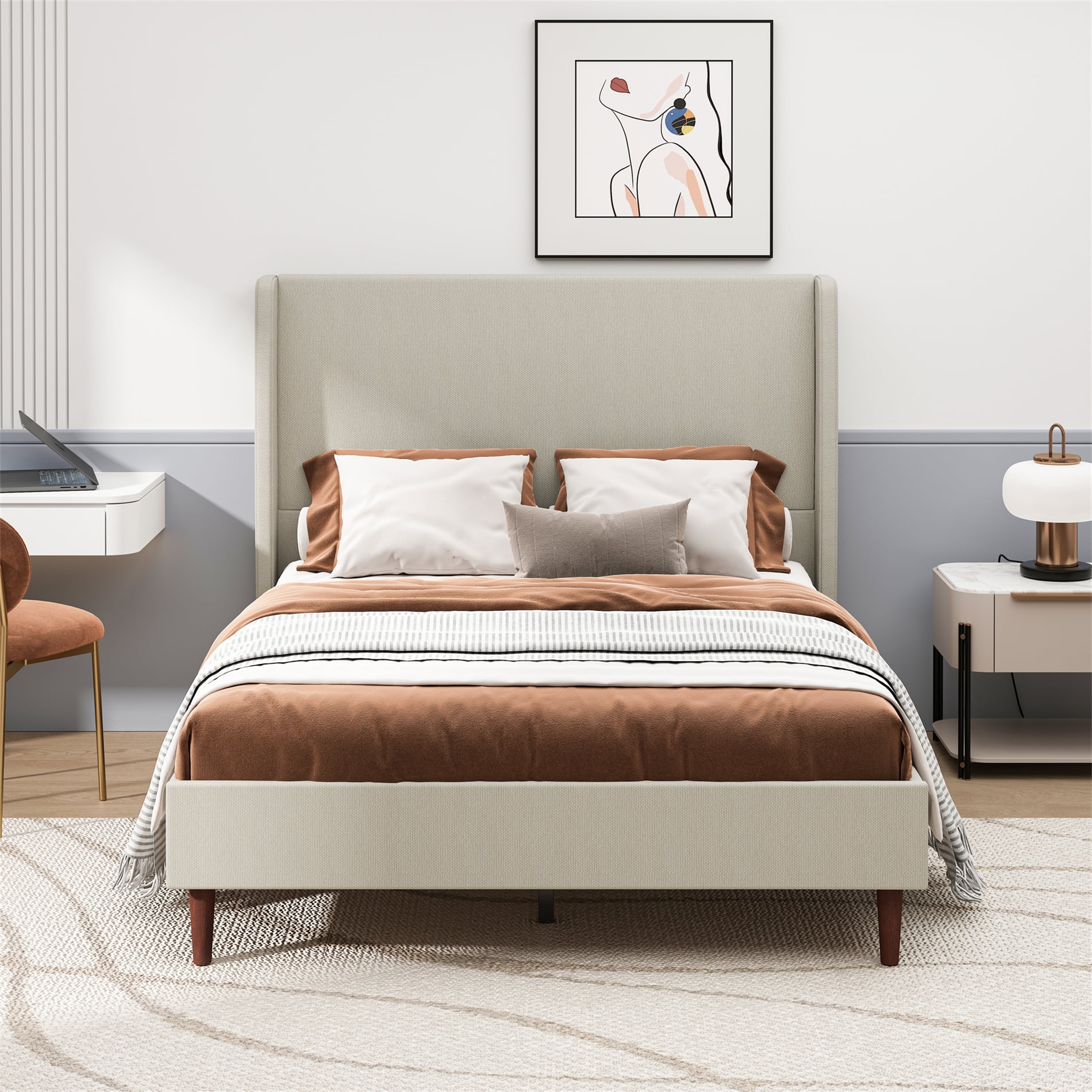 High Headboard Upholstered Bed, Queen Size Bed Frame, 12-Slat Support, Easy to Assemble, Beige, Linen Cloth, No Box Spring Needed