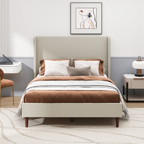 High Headboard Upholstered Bed, Queen Size Bed Frame, 12-Slat Support, Easy to Assemble, Beige, Linen Cloth, No Box Spring Needed