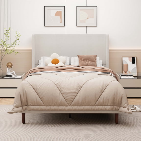 High Headboard Upholstered Bed, Queen Size with 12-Slat Support, Easy Assembly, No Box Spring Needed, Chenille Cloth, Beige