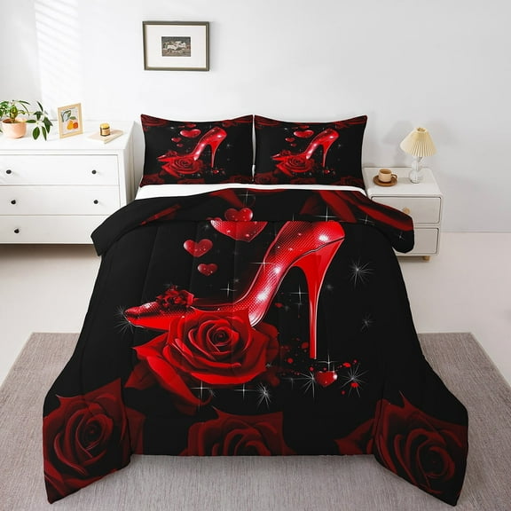 High Heel Bedding Sets Romantic Flowers Comforter Set,Love Heart Elegant Full Down Comforter Red Rose Flower Teens