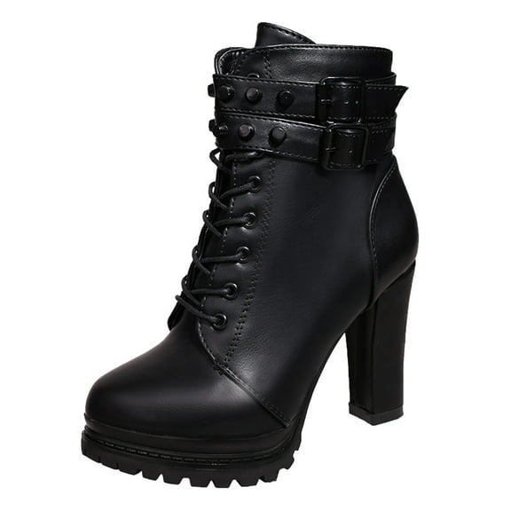 High Heel Boots for Women, Ladies Platforms Boot Round Toe Chunky Sole Lace UP High Heels Leather Boots