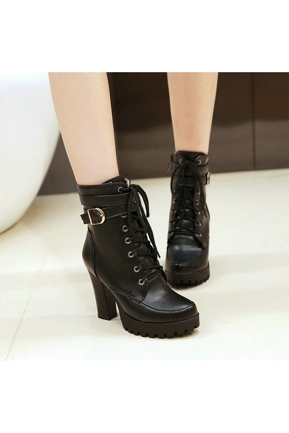 High Heel Boots for Women,Womens Platform Boot Heels Sexy Round Toe Lace UP High Heels Mid Calf Boots