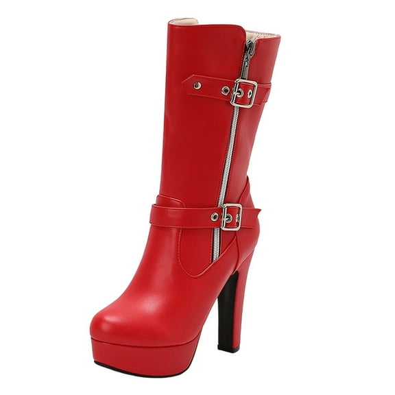 High Heel Mid-Calf Boots, Women's Casual Fashion Footwear, Solid Color with Buckle, I for Winter Outdoor and Indoor Wear
