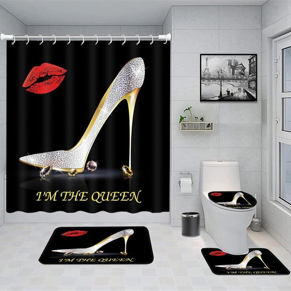 High Heel Shoe 4PCS Shower Curtain Sets for Women Butterfly and Hearts Pink and Black Bathroom Sets with Non-Slip Bath Mat,Toilet Lid Cover Mat, Rugs for Home Decor Gift 72x72in