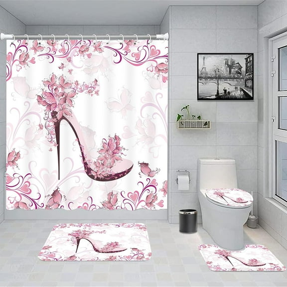 High Heel Shoe 4PCS Shower Curtain Sets for Women Butterfly and Hearts Pink and Black Bathroom Sets with Non-Slip Bath Mat,Toilet Lid Cover Mat, Rugs for Home Decor Gift 72x72in