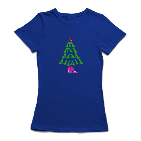 High Heel Shoes Christmas Pine Tree Women Royal Blue T-Shirt, Female Small